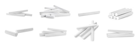 Set with pieces of chalk on white background. Banner designの写真素材