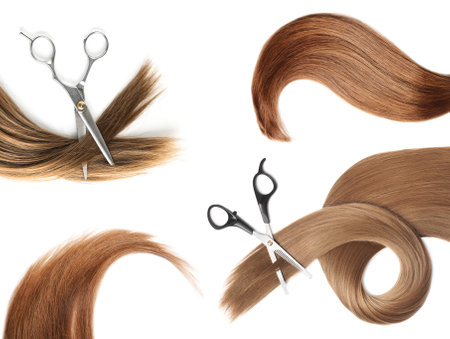 Set with different locks and scissors on white background, top view. hairdresser serviceの写真素材