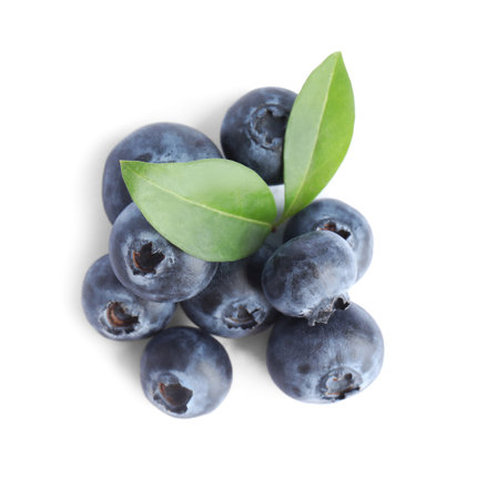 Fresh ripe blueberries on white background, top view
