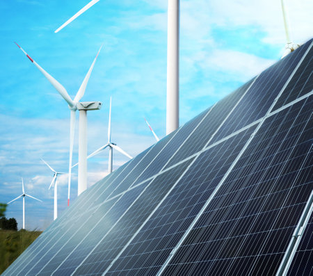 Solar panels and wind turbines installed outdoors. alternative energy sourcesの写真素材