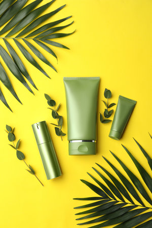 Set of cosmetic products and green leaves on yellow background, flat layの写真素材