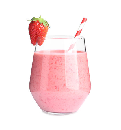 Tasty strawberry smoothie in glass isolated on whiteの写真素材