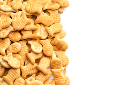 Delicious crispy goldfish crackers on white background, top viewの写真素材