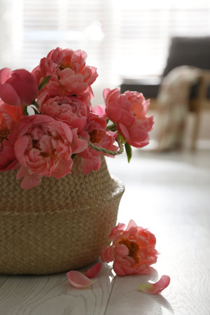 Beautiful bouquet of fragrant peonies on floor indoorsの写真素材