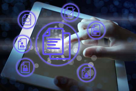 Woman using tablet and document icons, closeup. bokeh effect
