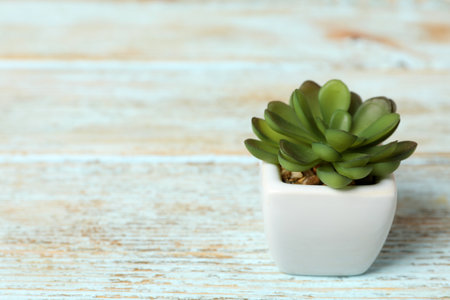 Artificial plant in white flower pot on light blue wooden table. Space for textの写真素材