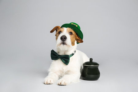 Jack Russell terrier with leprechaun hat, bow tie and pot on light gray background. St. Patrick's...
