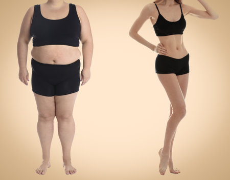 Slim and overweight women on beige background, closeupの写真素材