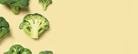 Flat lay composition with fresh green broccoli on yellow background, space for text. banner design