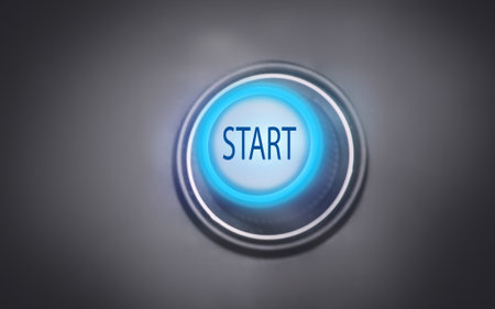 Button with word START on gray background, closeup
