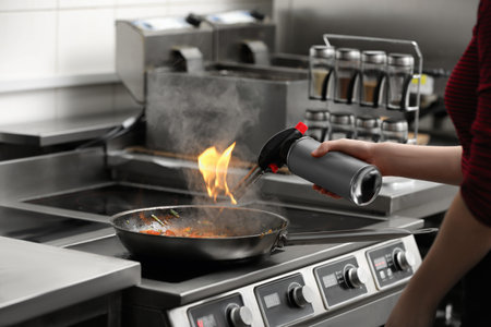 Female chef with manual gas burner cooking tasty food on stove in restaurant kitchen, closeupの写真素材