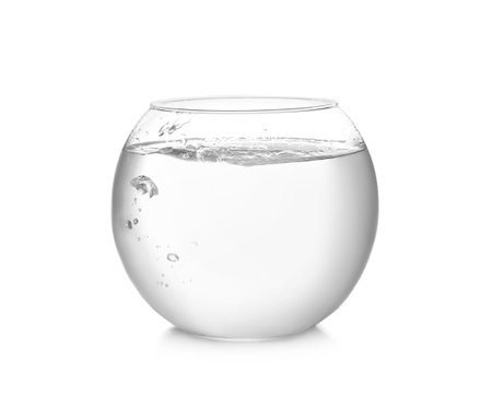 Round fish bowl filled with water on white backgroundの写真素材