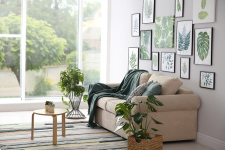 Beautiful artworks and comfortable couch in stylish room. interior designの写真素材
