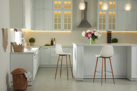 Modern kitchen with stylish furniture. interior design