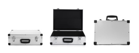 Set of modern suitcases on white background. Banner design