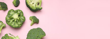Flat lay composition with fresh green broccoli on pink background, space for text. banner design