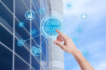 Cyber security concept. Man pressing virtual button, closeup