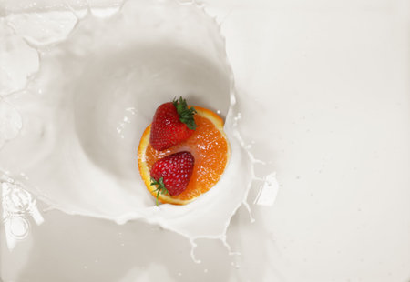 Slice of orange and strawberries falling in milk with splashes, top viewの写真素材