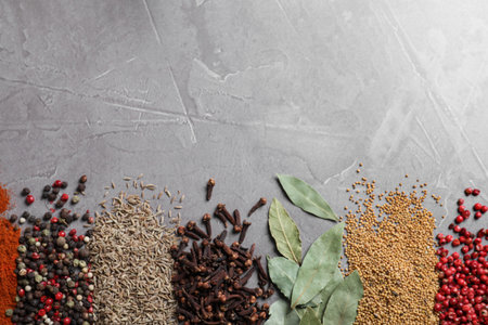 Different spices on gray background, top view. Space for textの写真素材