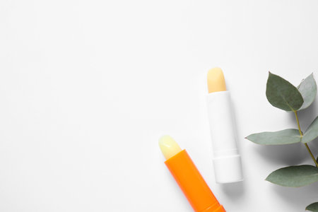 Hygienic lipsticks on white background, top viewの写真素材