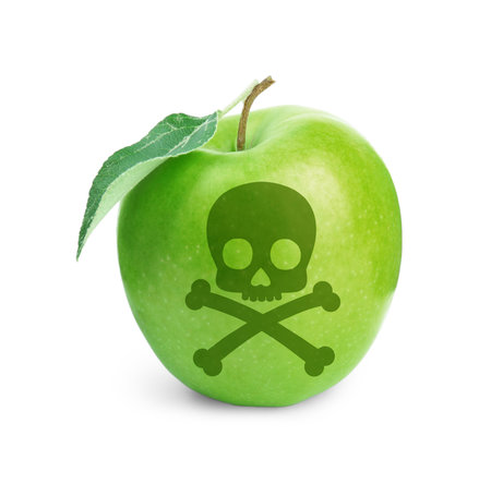 Green poison apple with skull and crossbones image on white backgroundの写真素材