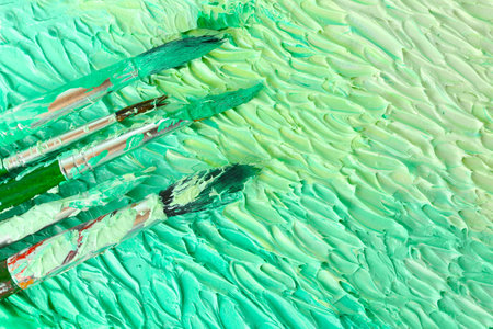 Abstract colorful artwork and brushes, closeup viewの写真素材