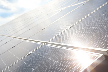 Solar panels installed outdoors, closeup. alternative energy sourcesの写真素材