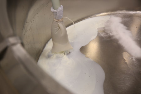 Pouring milk into curd preparation tank at cheese factory, closeup