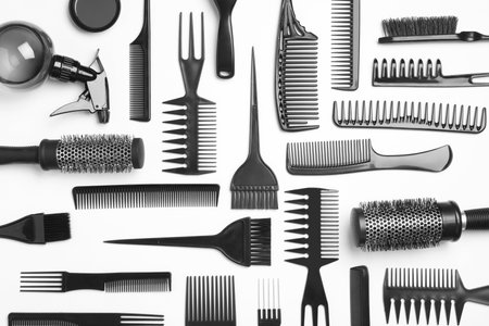 Composition with hair combs and brushes on white background, top viewの写真素材