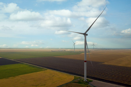 Aerial view on modern wind turbines. alternative energy sources