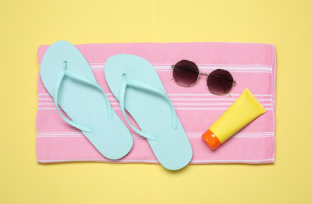 Flat lay composition with beach objects on backgroundの写真素材