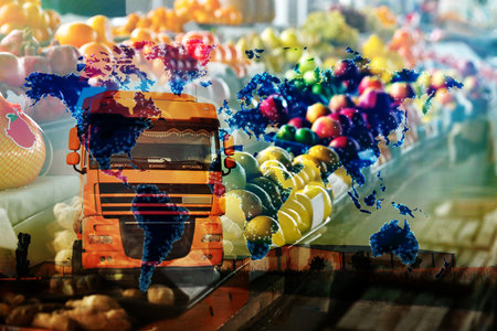 Multiple exposure of truck, fresh fruits and world map. wholesale conceptの写真素材