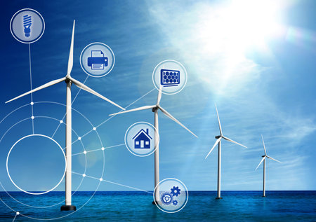 alternative energy sources. Floating wind turbines in sea and scheme