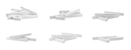 Set with pieces of chalk on white background. banner design