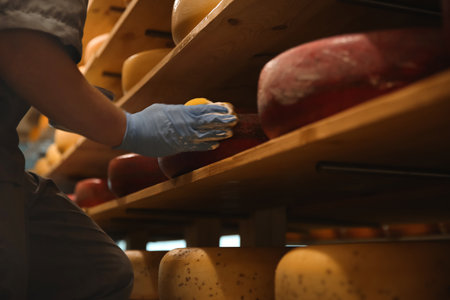 Worker coating cheese with wax in factory warehouse, closeup