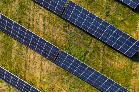 Solar panels installed outdoors, top view. alternative energy sources