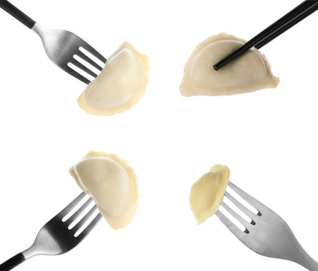 Set of tasty dumplings isolated on whiteの写真素材