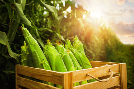 Wooden crate with corn cobs near field on sunny day