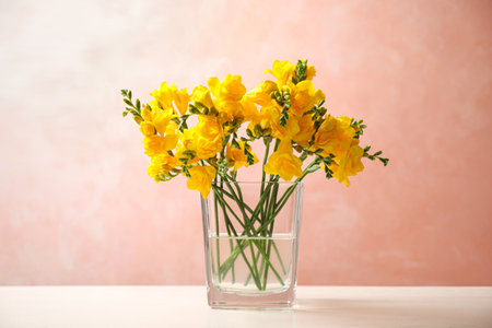 Beautiful blooming yellow freesias in glass vase on table against pink backgroundの写真素材
