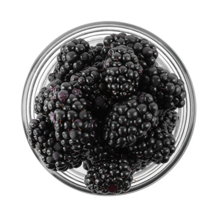 Fresh ripe blackberries in glass jar isolated on white, top view