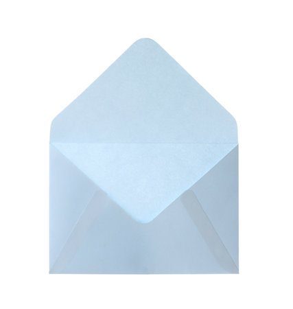 Light blue paper envelope isolated on white. mail serviceの写真素材