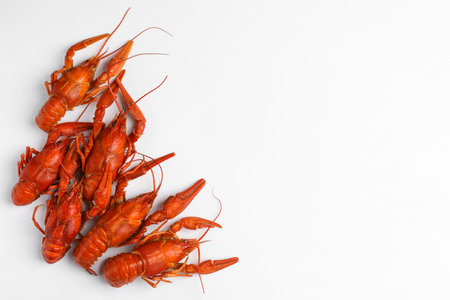 Delicious boiled crayfish isolated on white, top viewの写真素材