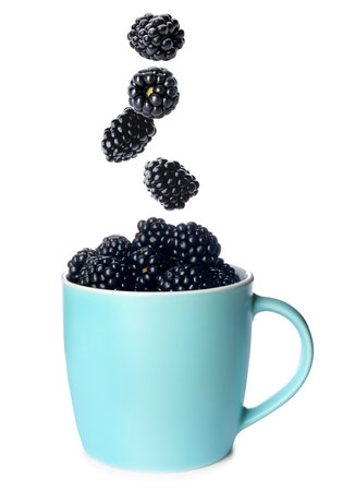 Fresh tasty blackberries falling into cup on white backgroundの写真素材