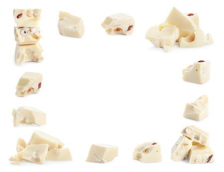 Frame of delicious chocolate pieces on white backgroundの写真素材