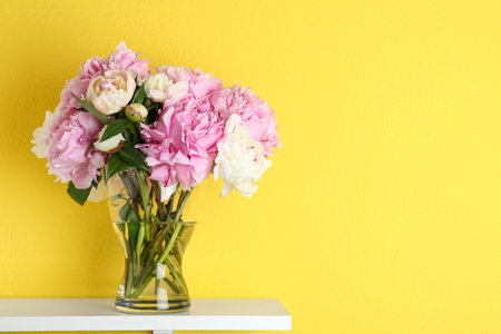 Beautiful peonies on white table against yellow background. Space for textの写真素材