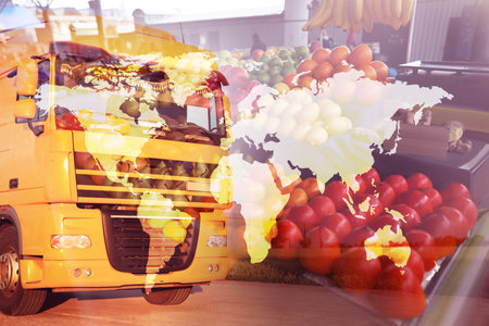 Multiple exposure of truck, fresh fruits and world map. wholesale conceptの写真素材