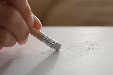 Woman correcting picture on paper with pencil eraser, closeupの写真素材