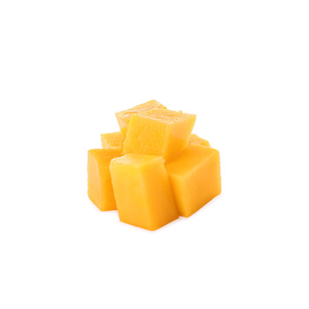 Cubes of ripe mango isolated on white. exotic fruitsの写真素材