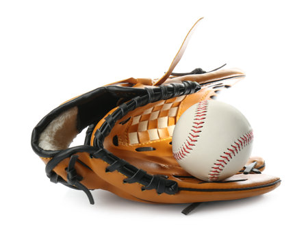 Leather baseball glove with ball isolated on whiteの写真素材