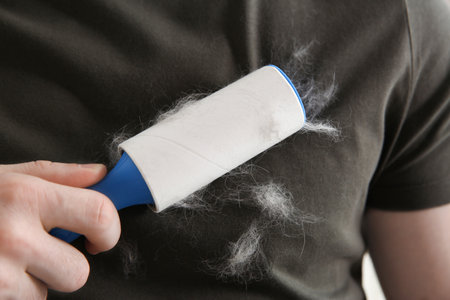 Man removing hair from gray t-shirt with lint roller, closeup